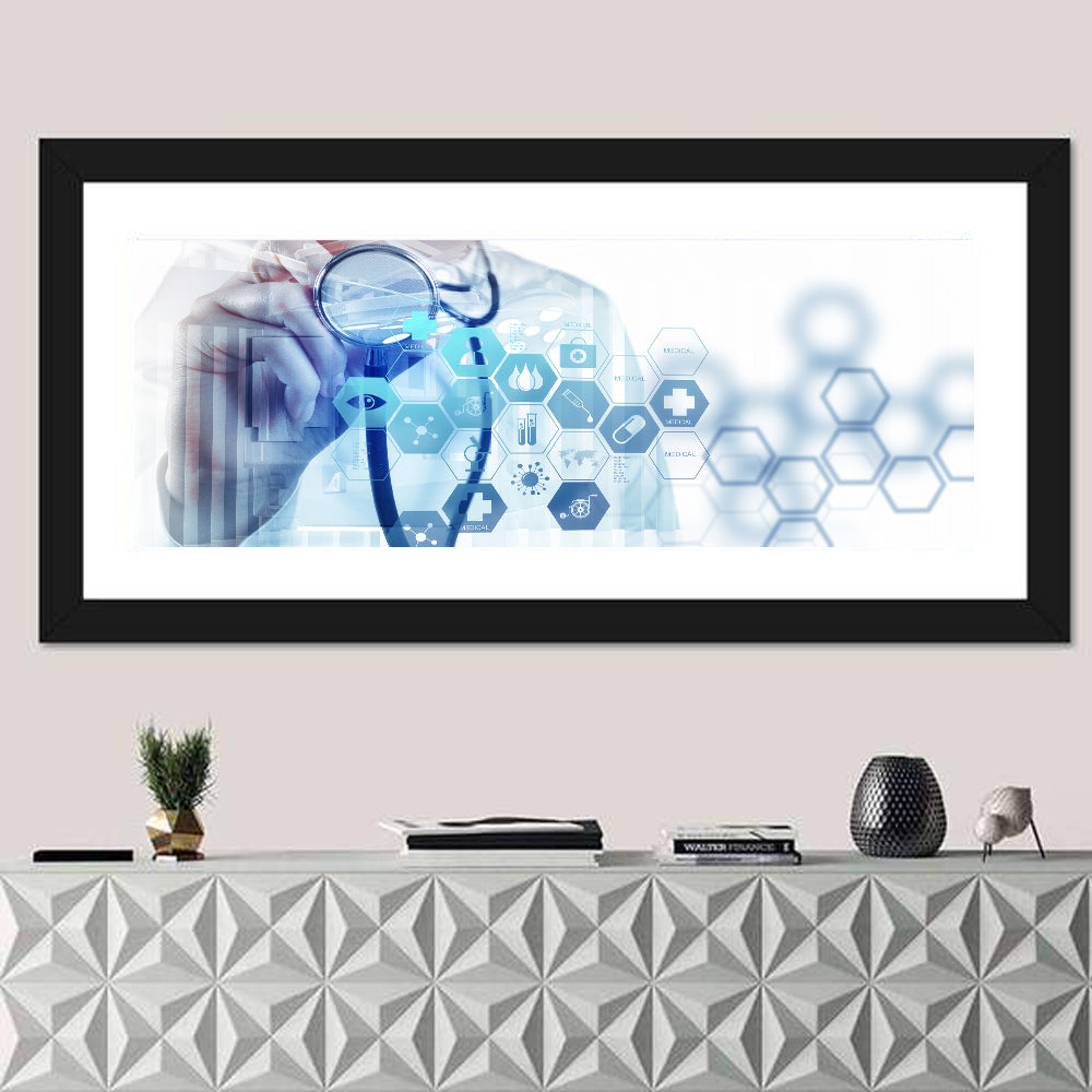 Stethoscope Checkup with Medical Icons Wall Art in a room, panoramic