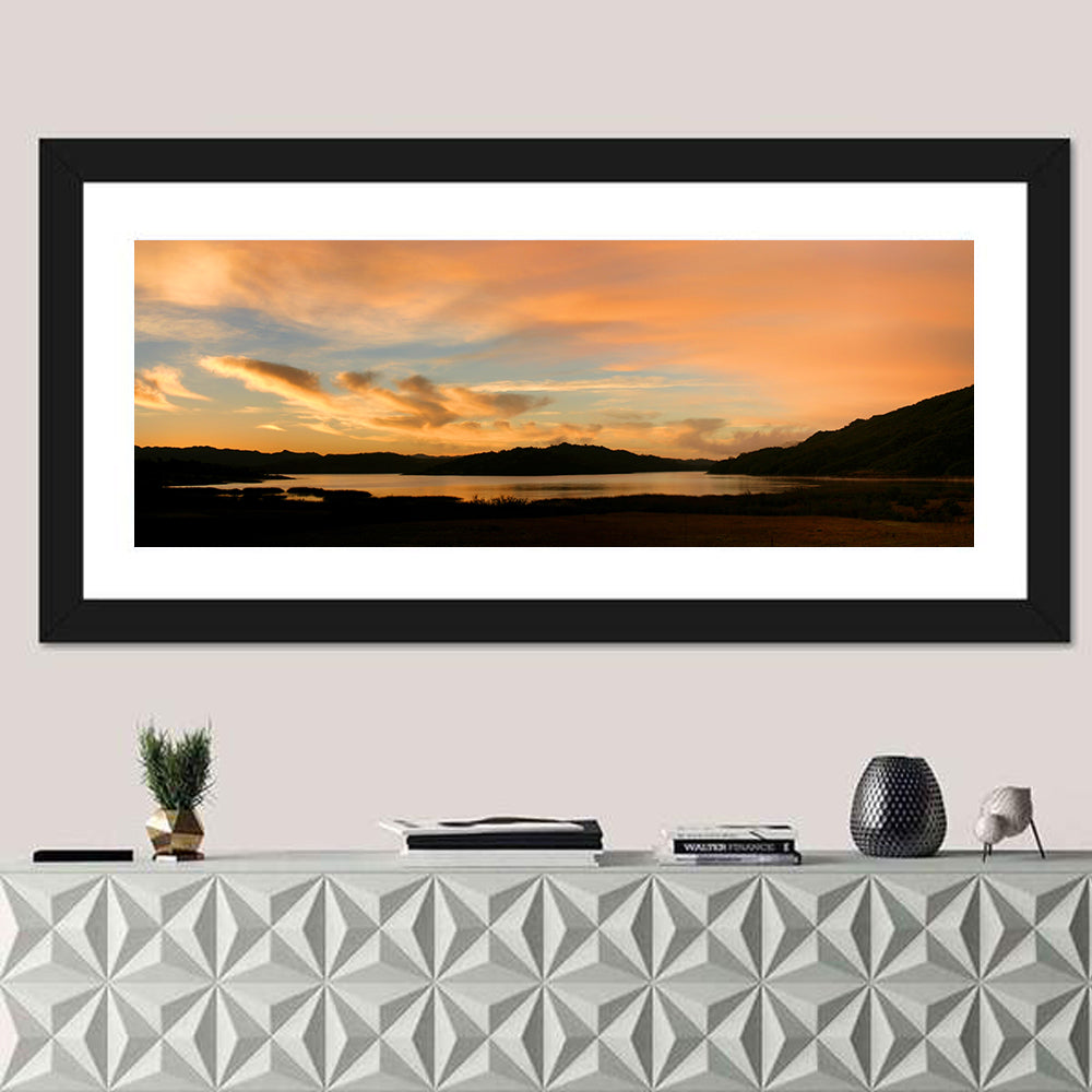 Lake Casitas Sunrise Wall Art in a room, panoramic