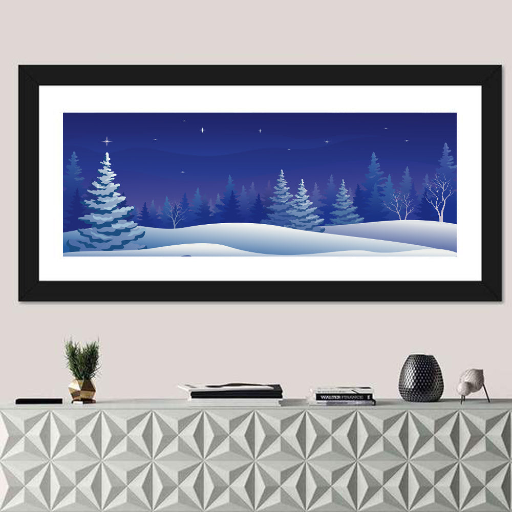 Starry Winter Forest Illustration Wall Art in a room, panoramic
