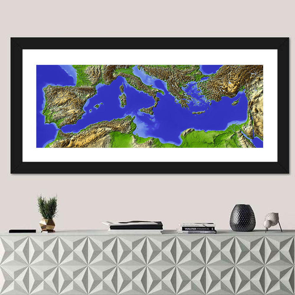 Mediterranean Sea Shaded Relief Map Wall Art in a room, panoramic