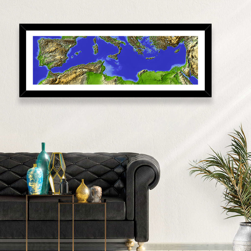 Mediterranean Sea Shaded Relief Map Wall Art
