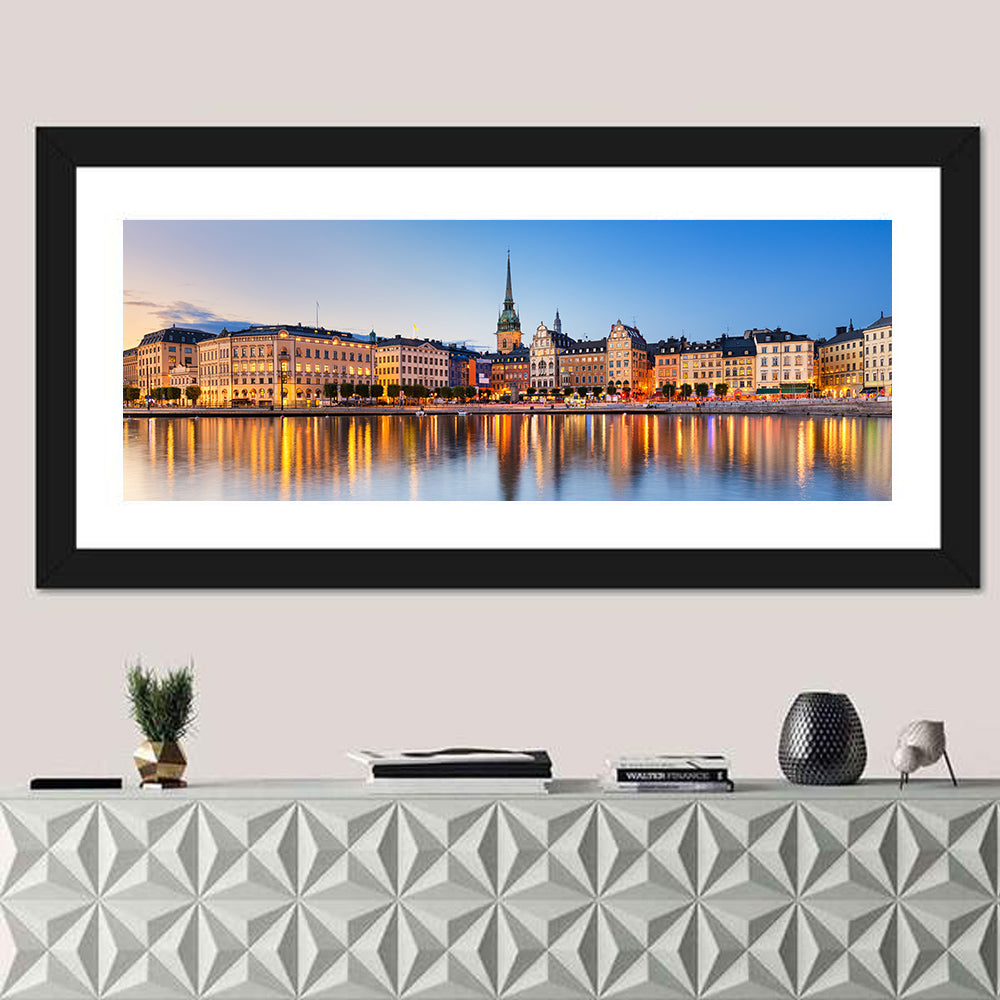 Gamla Stan Night Reflections Wall Art in a room, panoramic