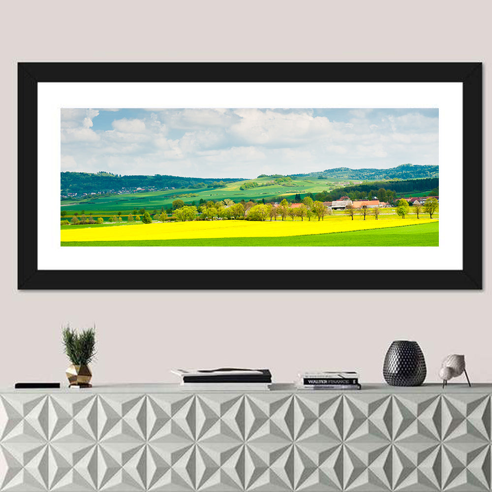Czech Rapeseed Fields Wall Art in a room, panoramic