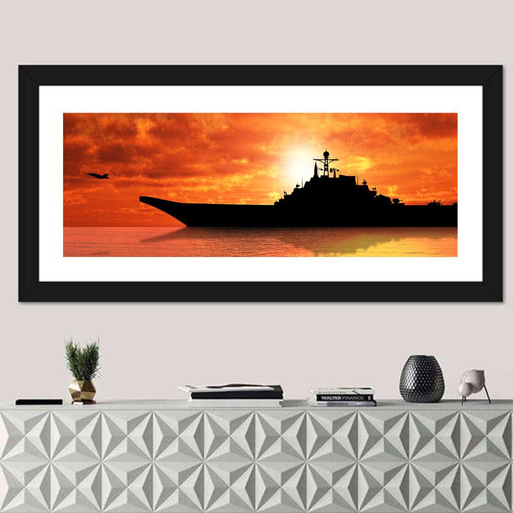 Sunset Aircraft Carrier Silhouette Wall Art in a room, panoramic