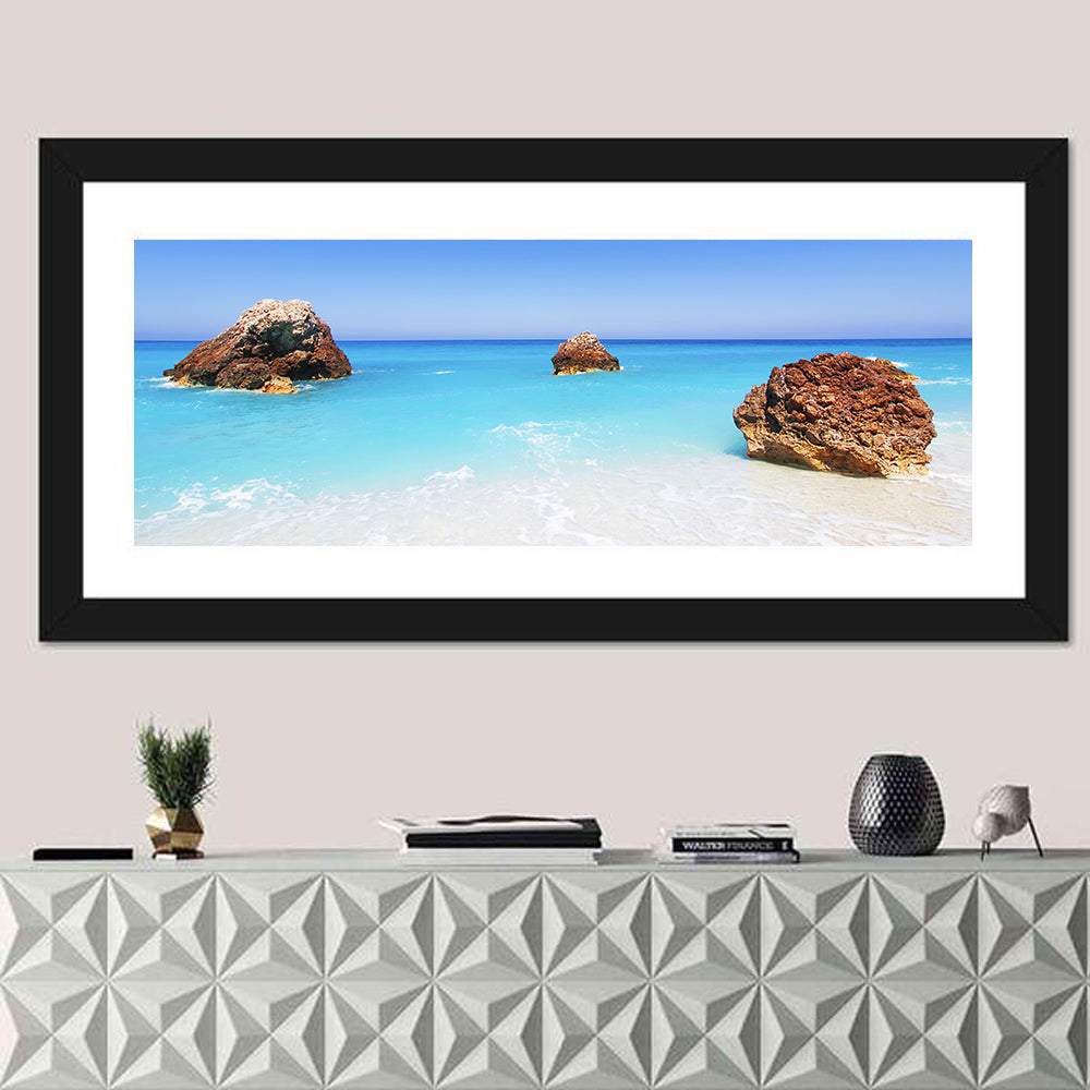 Lefkada Three Rocks Seascape Wall Art in a room, panoramic