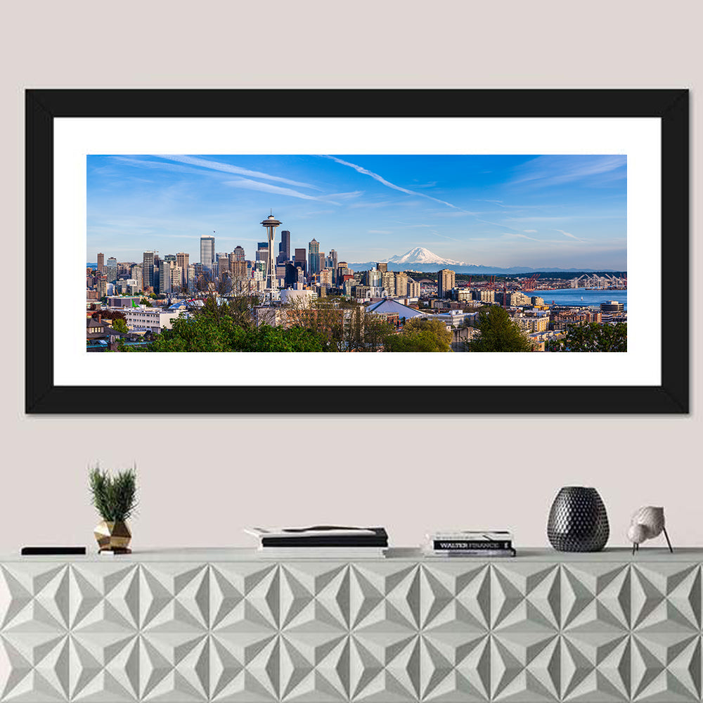 Seattle Skyline with Mount Rainier Wall Art in a room, panoramic