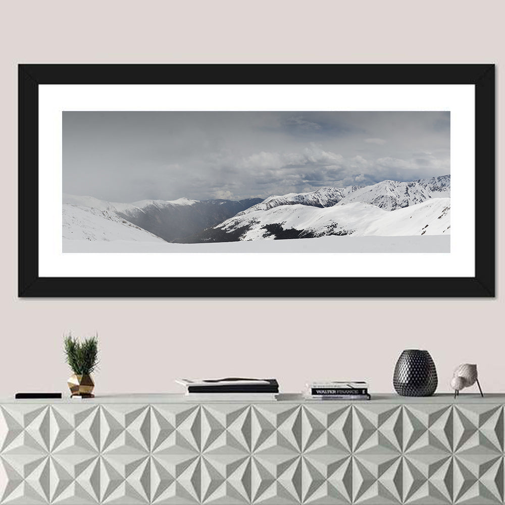 Snowy Colorado Mountains Wall Art in a room, panoramic