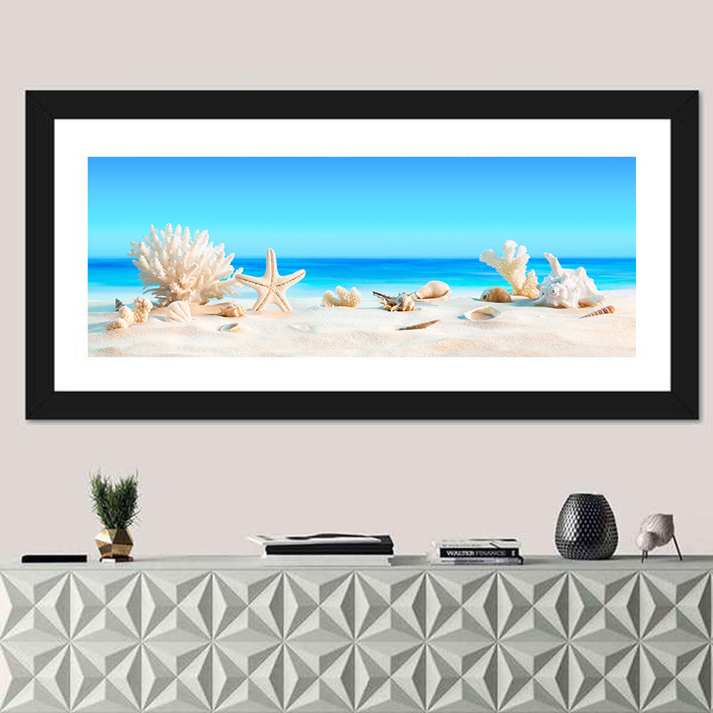 Seashells on Turquoise Shore Wall Art in a room, panoramic