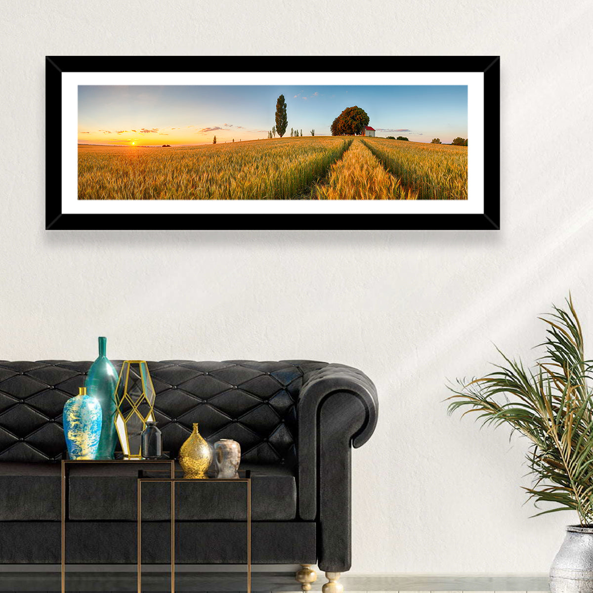 Sunset Wheat Field with Red Roof Cottage Wall Art in a room, panoramic