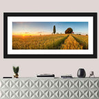 Sunset Wheat Field with Red Roof Cottage Wall Art