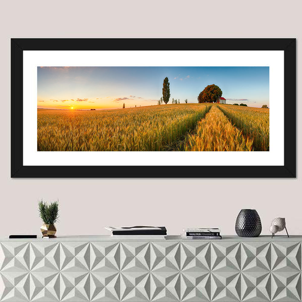 Sunset Wheat Field with Red Roof Cottage Wall Art