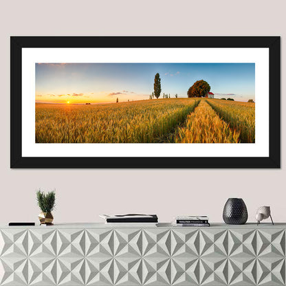 Sunset Wheat Field with Red Roof Cottage Wall Art
