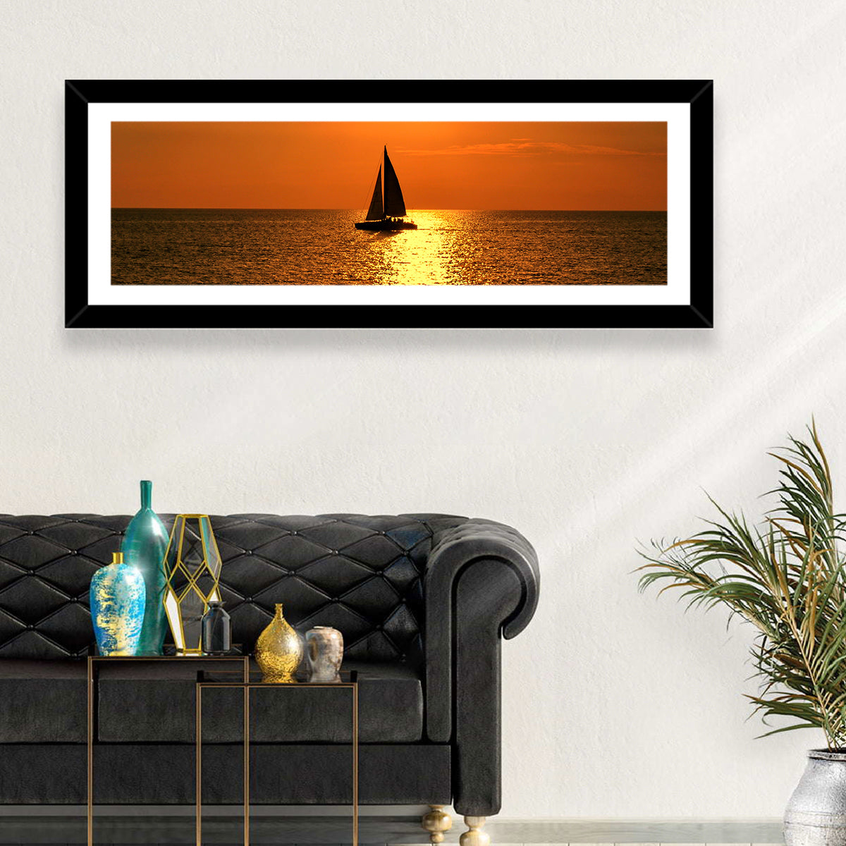 Sailboat Silhouette at Golden Sunset Wall Art