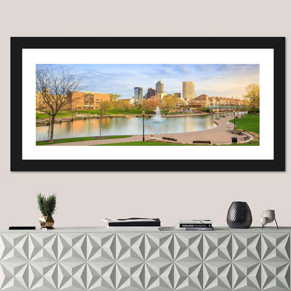 Indianapolis Central Canal Skyline Wall Art in a room, panoramic