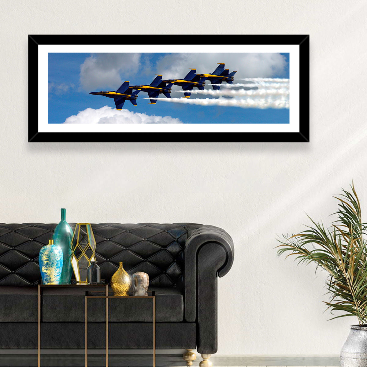 Blue and Gold Fighter Jets Wall Art in a room, panoramic