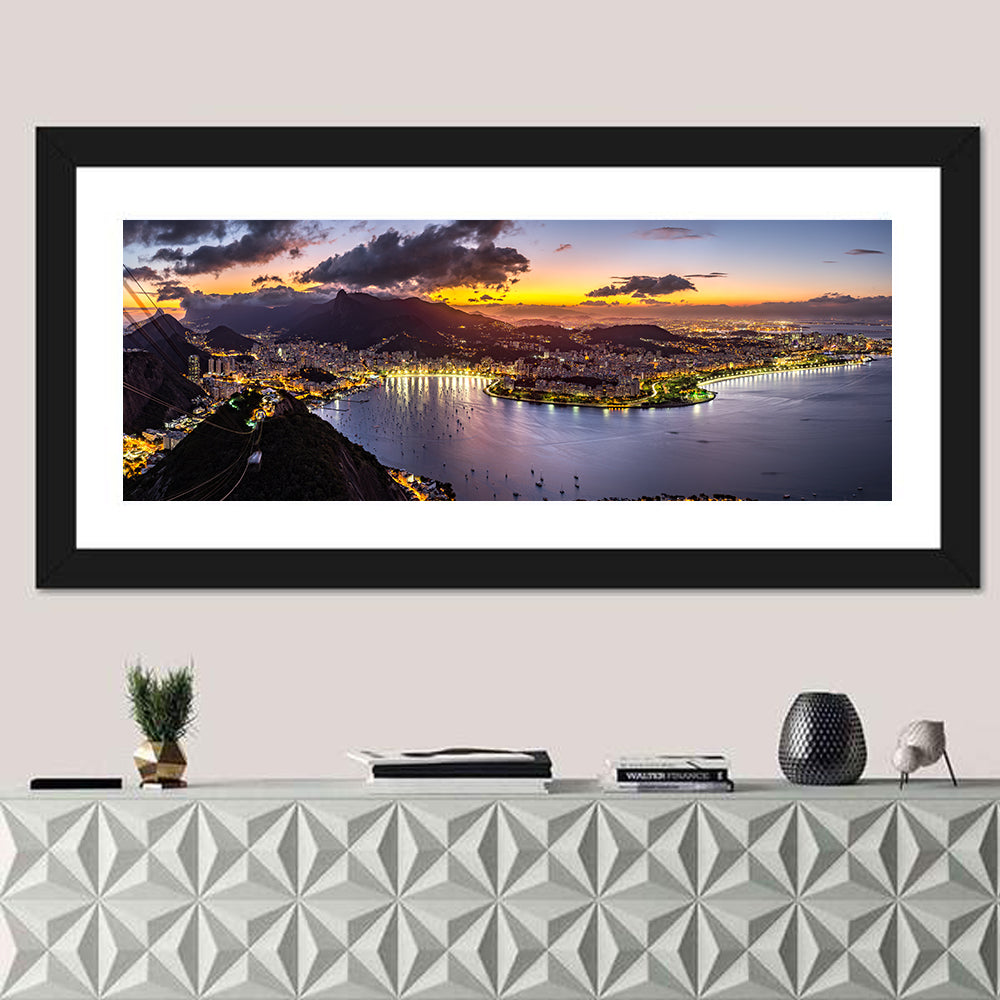 Rio De Janeiro Night Skyline Wall Art in a room, panoramic