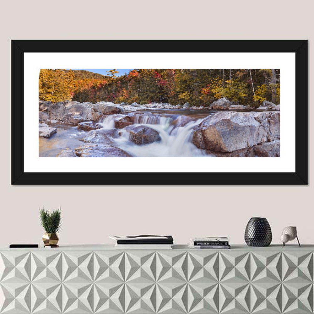 White Mountain Autumn River Wall Art in a room, panoramic