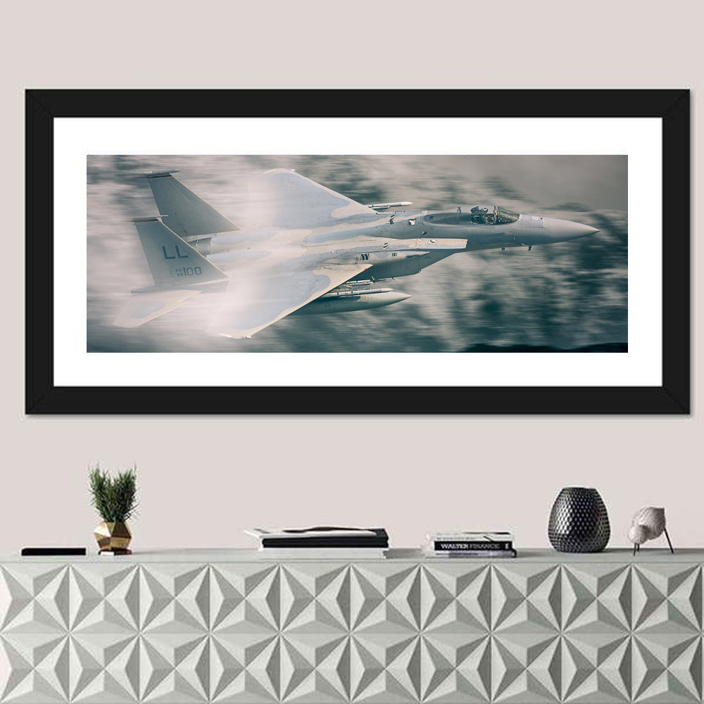 F-15 Fighter Jet Wall Art in a room, panoramic