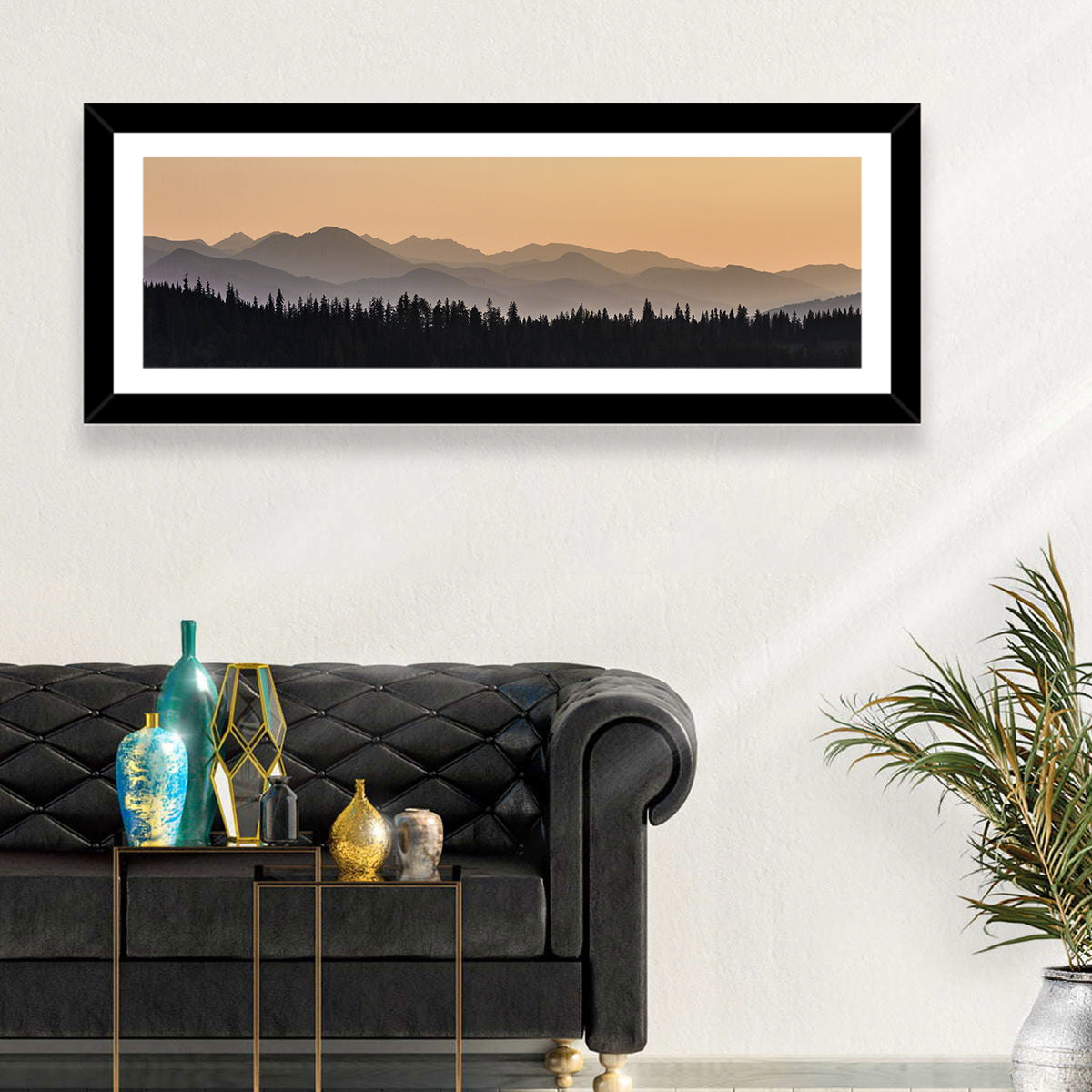 Lavender Mountain Ridge Silhouettes Wall Art in a room, panoramic