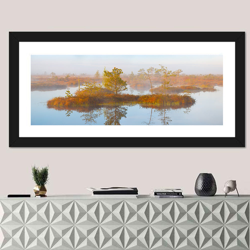 Yelnya Swamp Reflection Wall Art in a room, panoramic