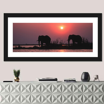 Elephants at Sunset Silhouette Wall Art