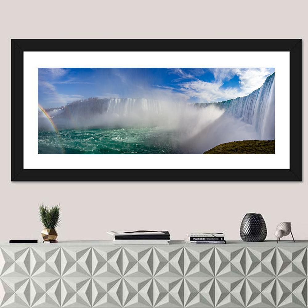 Horseshoe Falls Rainbow View Wall Art in a room, panoramic