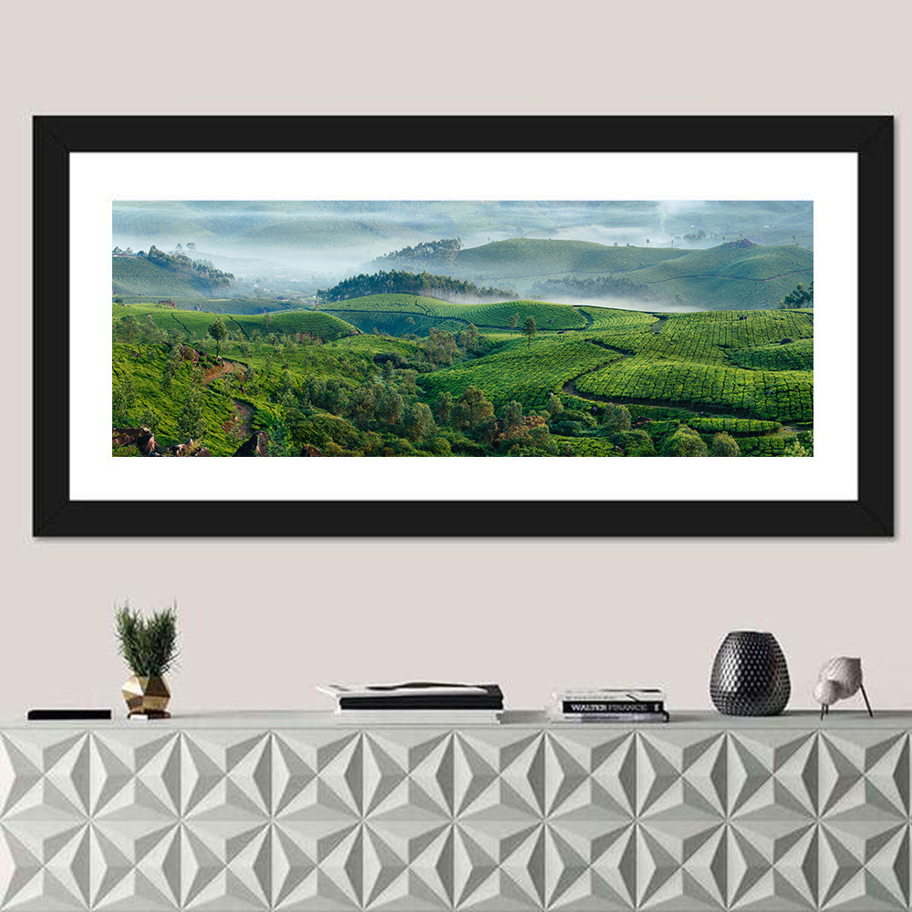 Kerala Tea Fields Wall Art in a room, panoramic