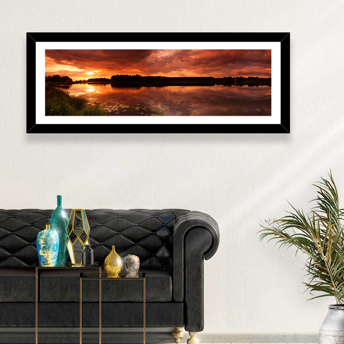 Sunset Lake Reflection Wall Art in a room, panoramic