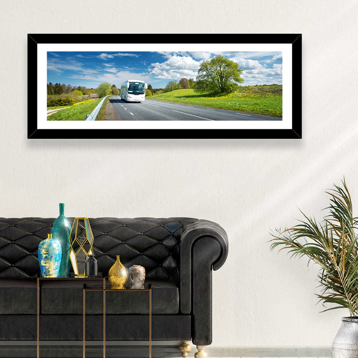 White Bus on Meadow Road Wall Art
