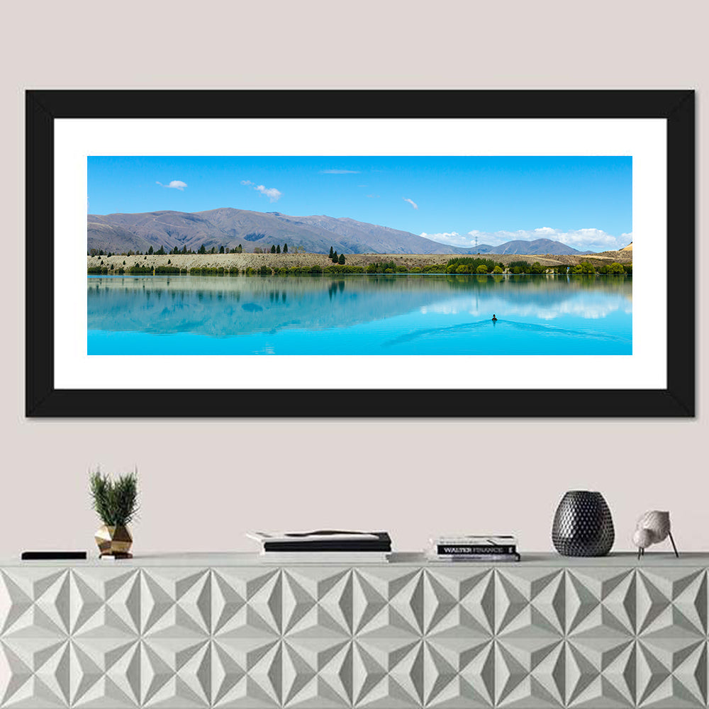 Lake Ruataniwha Reflection Wall Art in a room, panoramic