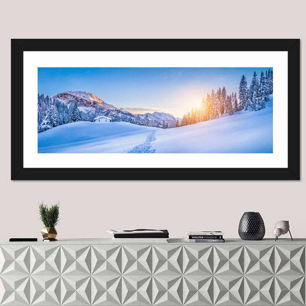 Snowy Mountain Chalet Sunset Wall Art
