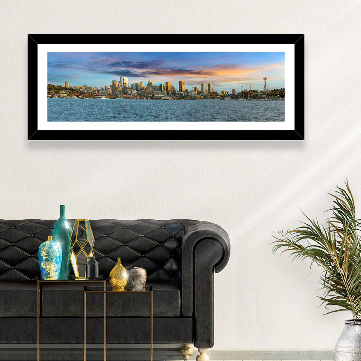 Seattle Skyline at Dusk Wall Art in a room, panoramic