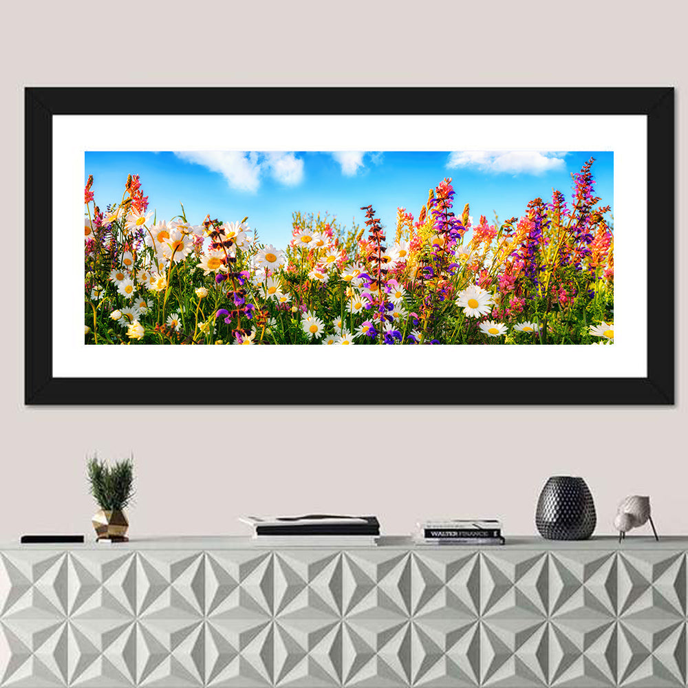Spring Meadow Wildflowers Wall Art in a room, panoramic