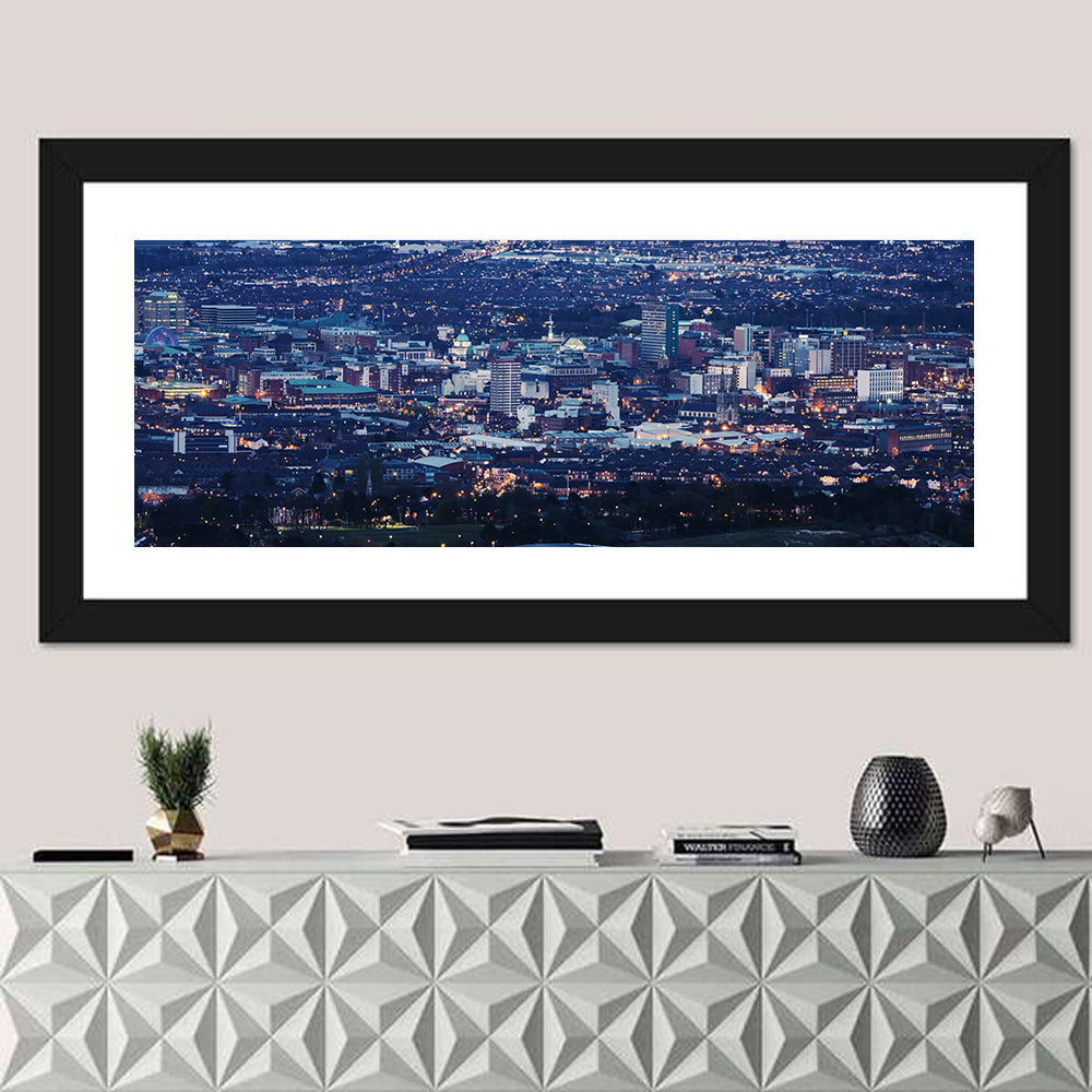 Belfast Blue Hour Skyline Wall Art in a room, panoramic