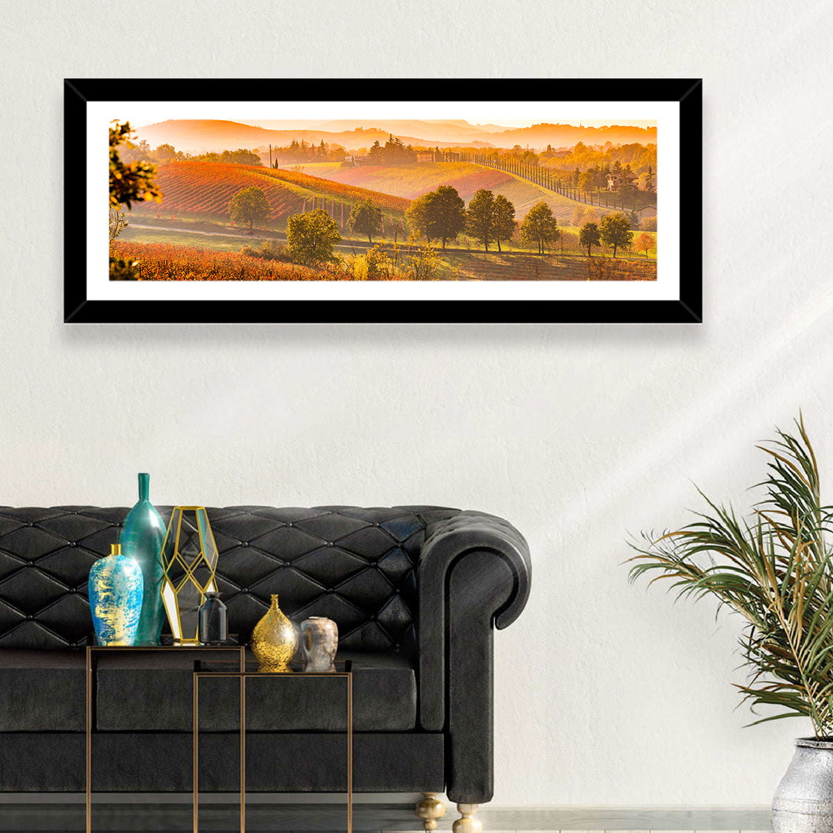 Golden Hour Vineyard Hills Wall Art in a room, panoramic