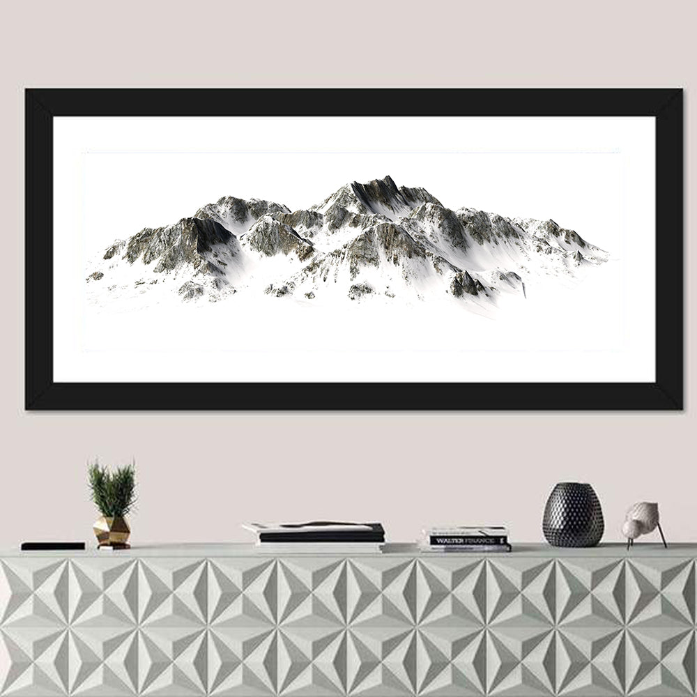 Winter Snow-capped Mountain Range Wall Art in a room, panoramic
