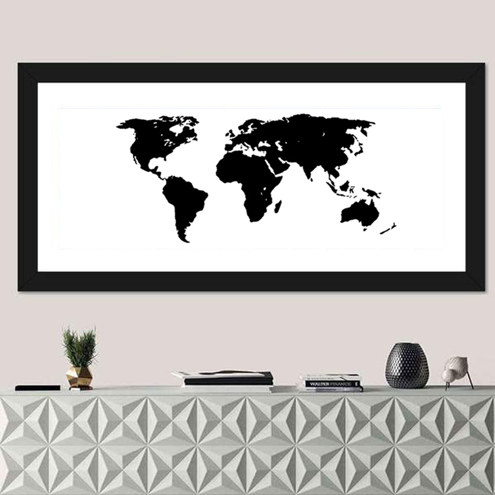 Minimalist Black World Map Wall Art in a room, panoramic