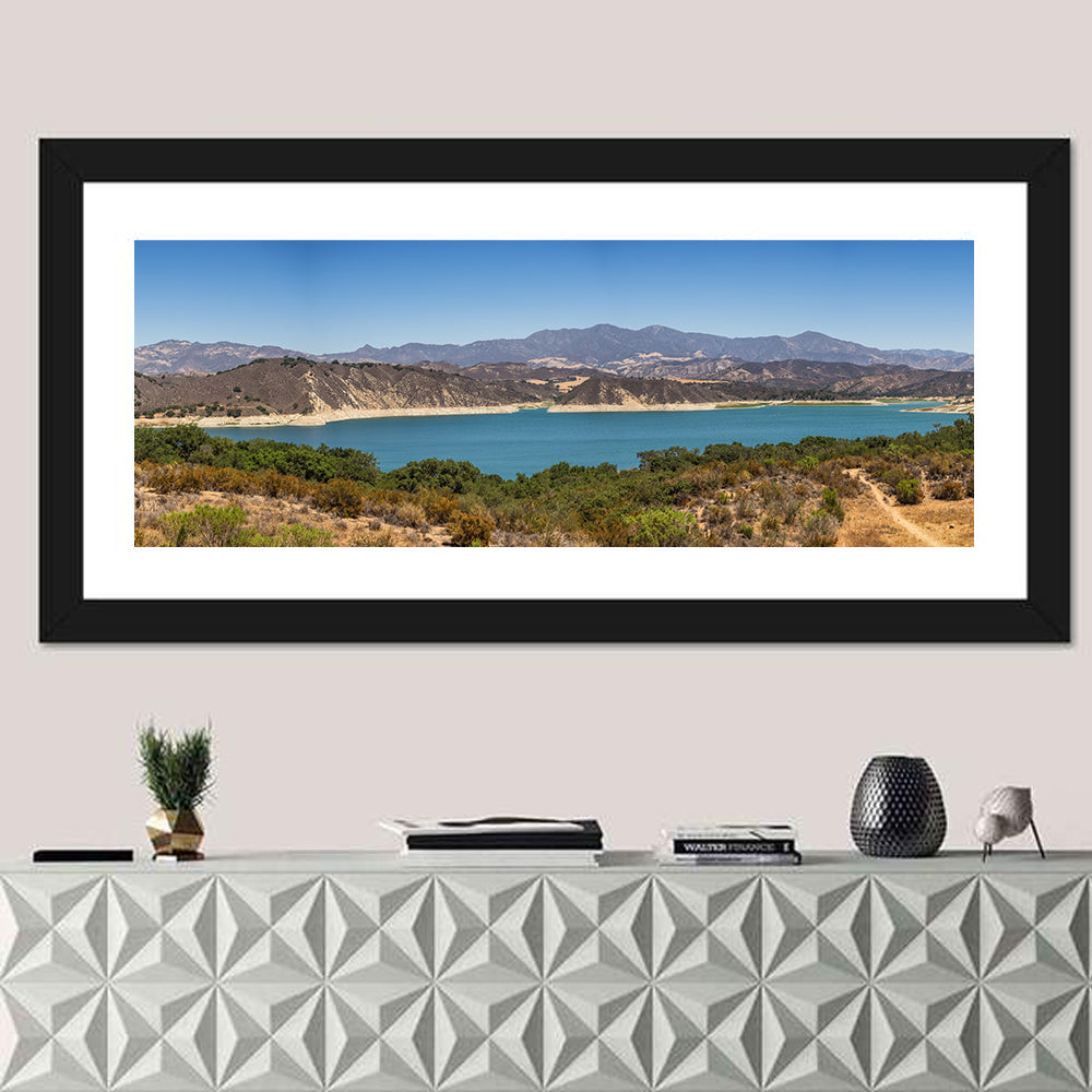 Lake Cachuma Wall Art in a room, panoramic