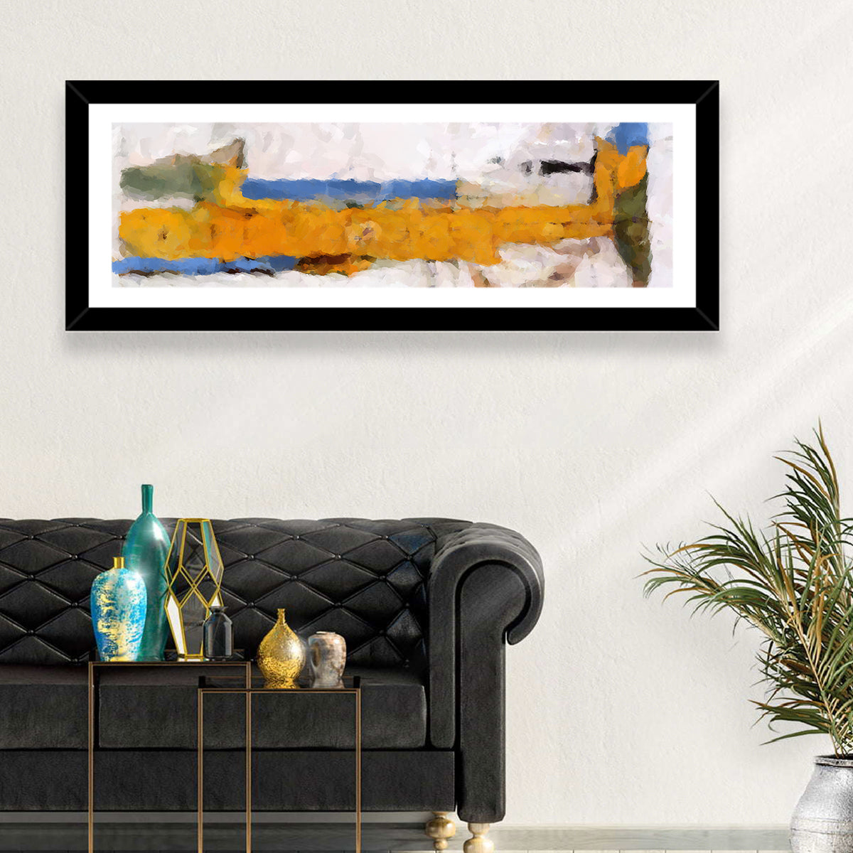 Lake Reflection in Yellow and Blue Wall Art in a room, panoramic