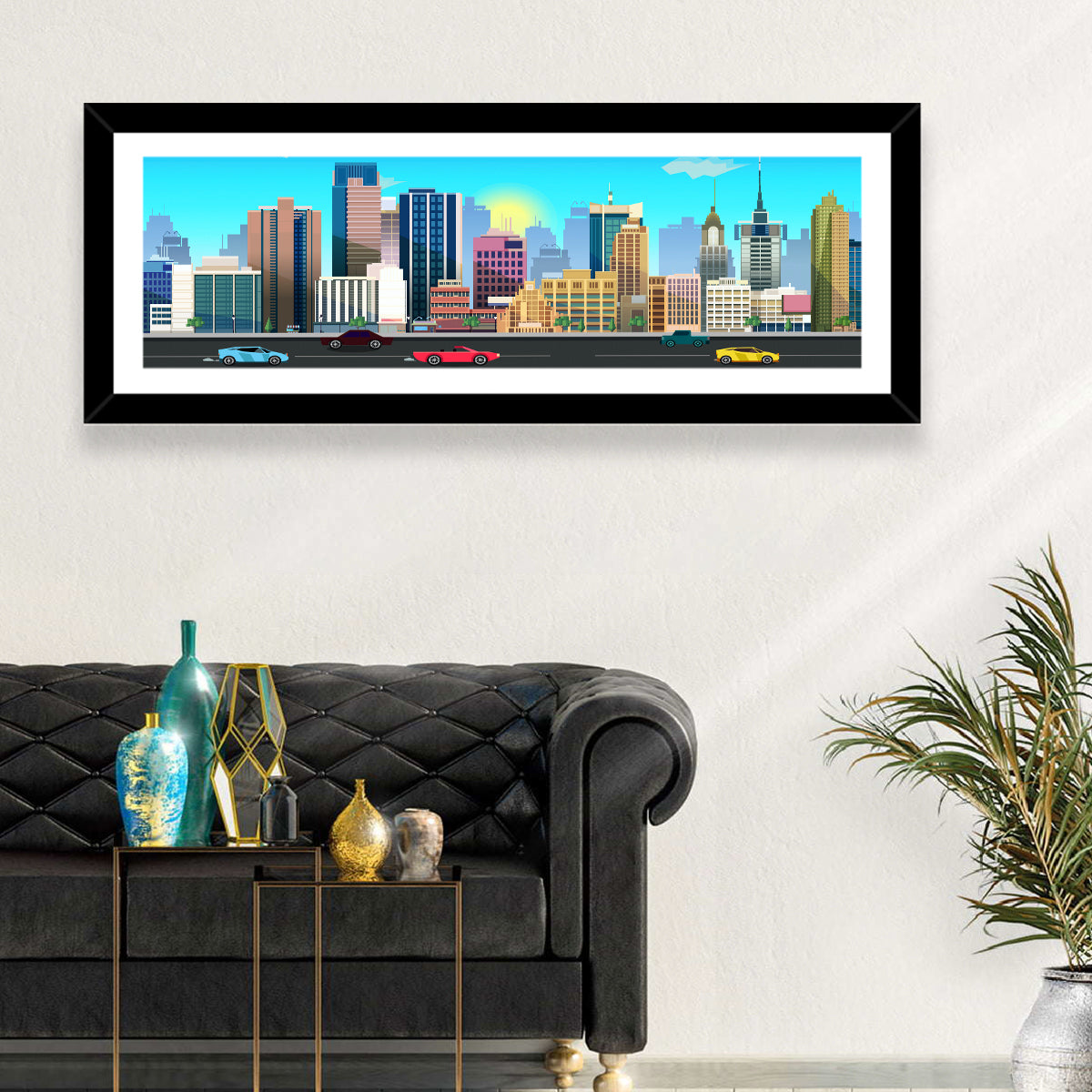 Geometric City Skyline with Sun Flare Wall Art in a room, panoramic