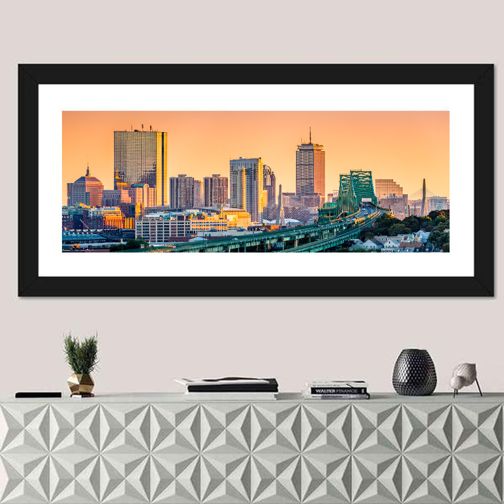 Tobin Bridge to Boston Skyline at Golden Hour Wall Art in a room, panoramic