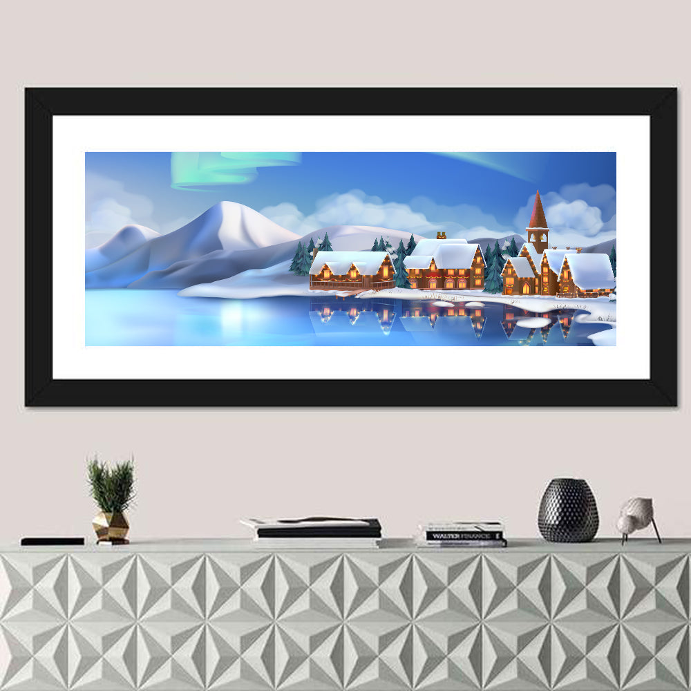 Northern Lights Winter Village Wall Art in a room, panoramic