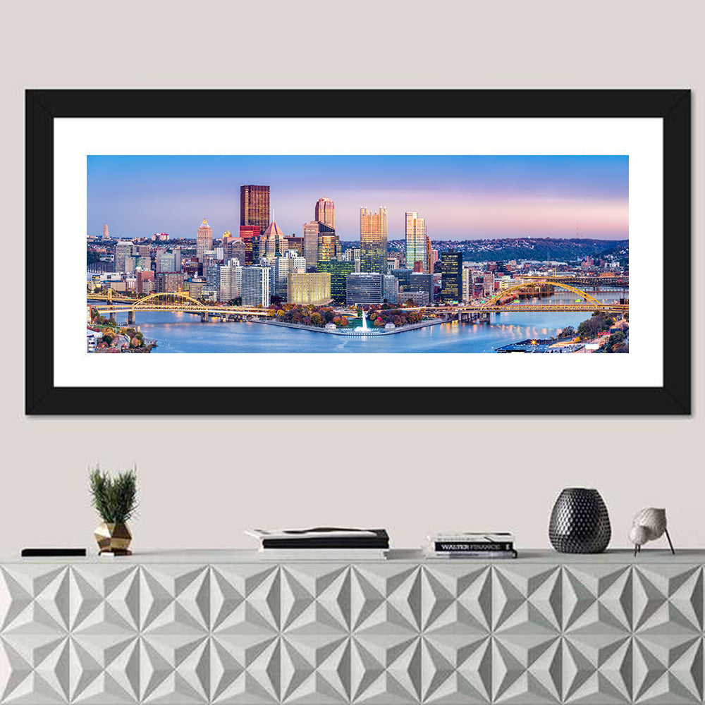 Pittsburgh Twilight Skyline Wall Art in a room, panoramic