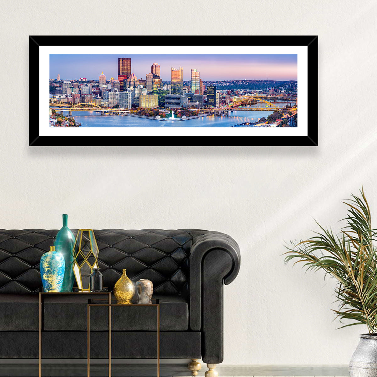Pittsburgh Twilight Skyline Wall Art in a room, panoramic