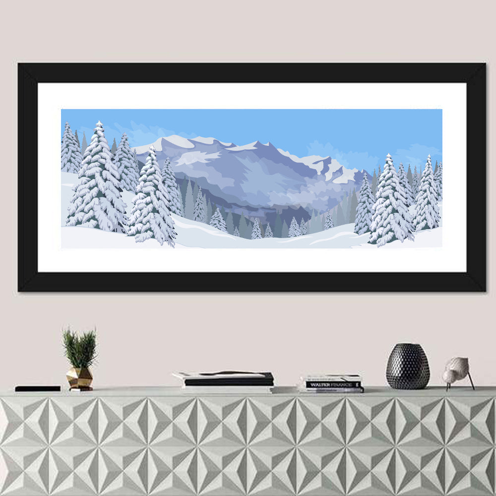 Blue Winter Mountain Illustration Wall Art in a room, panoramic