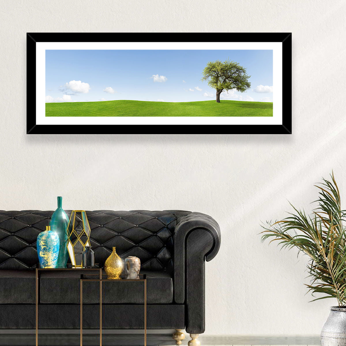 Lone Tree on Green Hill Wall Art in a room, panoramic