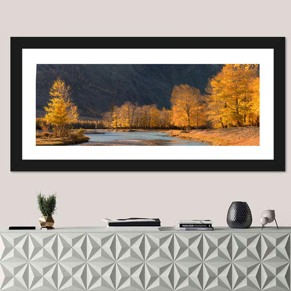 Autumn River Through Golden Forest Wall Art in a room, panoramic