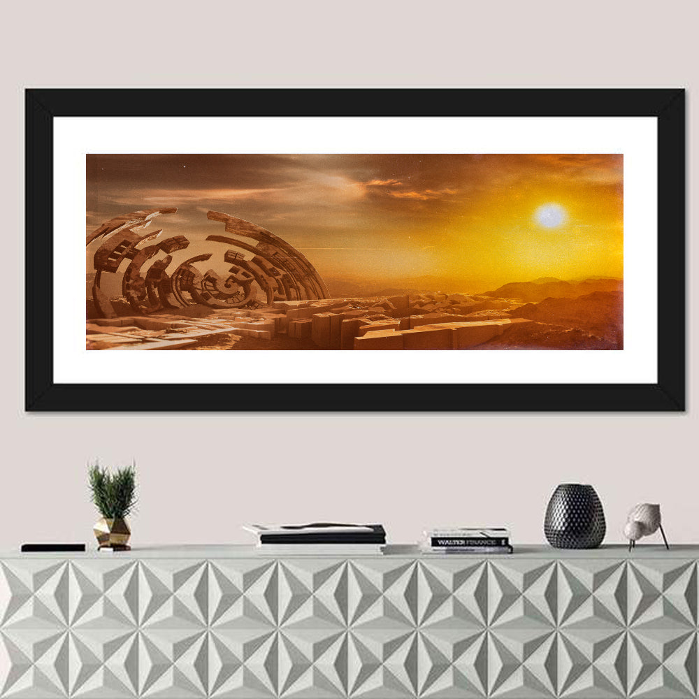 Deserted Alien Planet at Dusk Wall Art in a room, panoramic