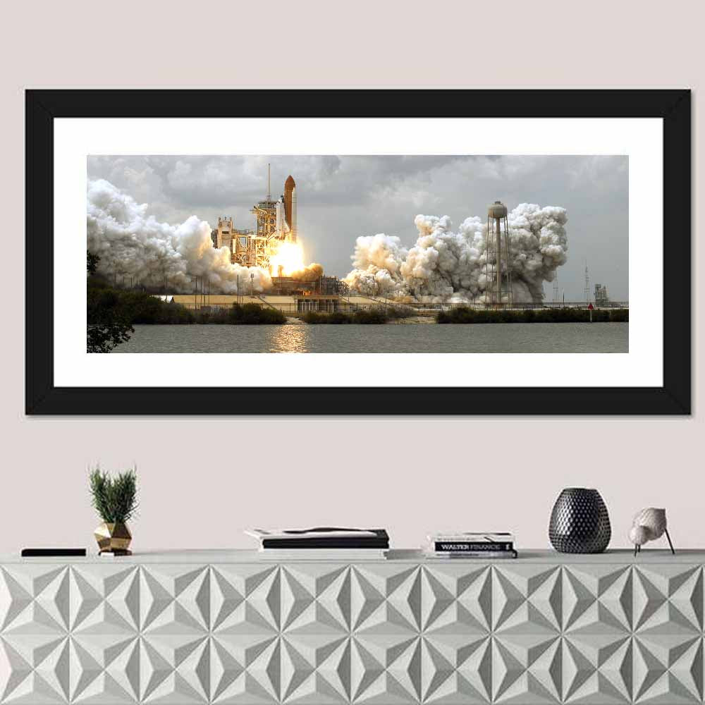 Space Shuttle Launch Over Water Wall Art in a room, panoramic