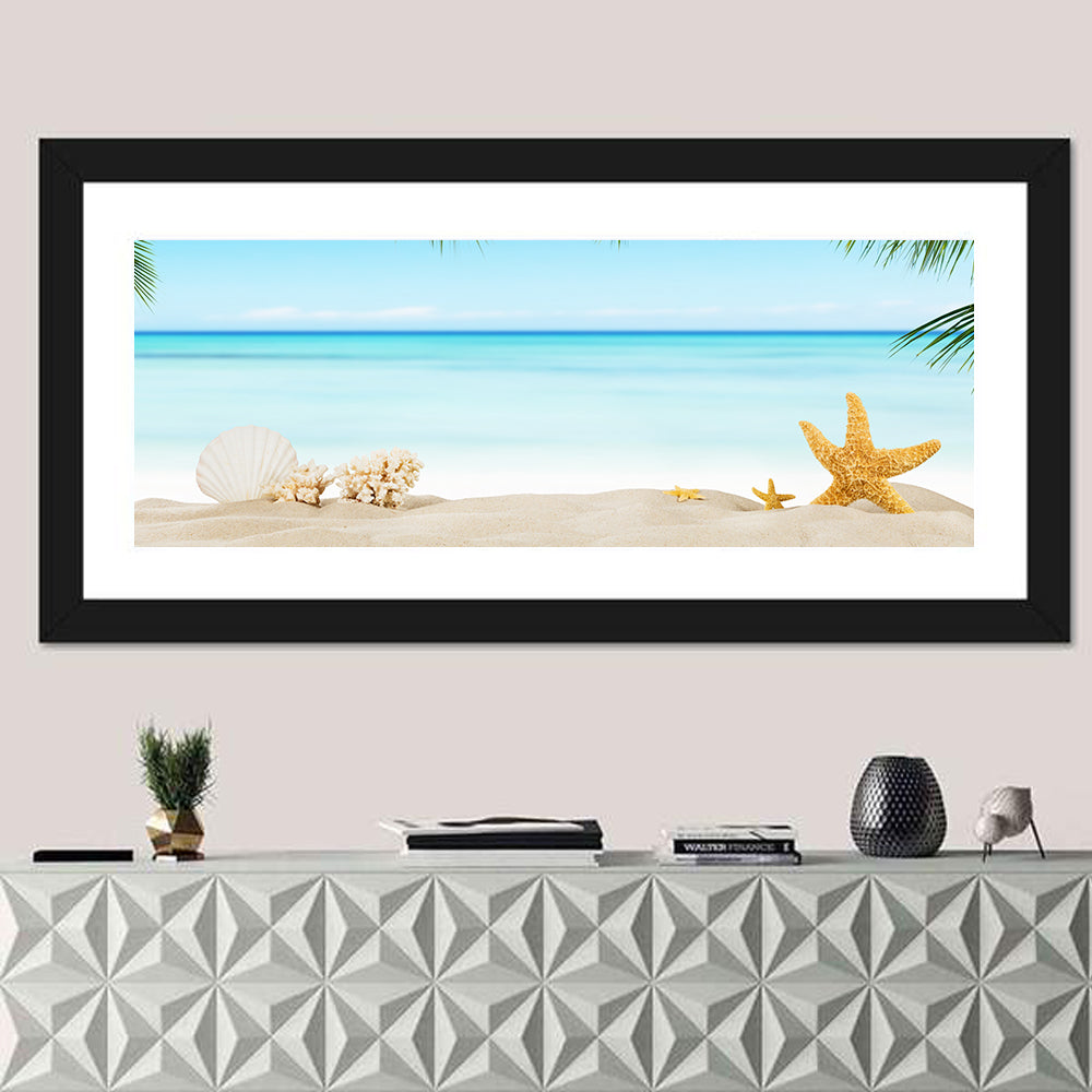 Seashell and Starfish Beach Still Life Wall Art in a room, panoramic